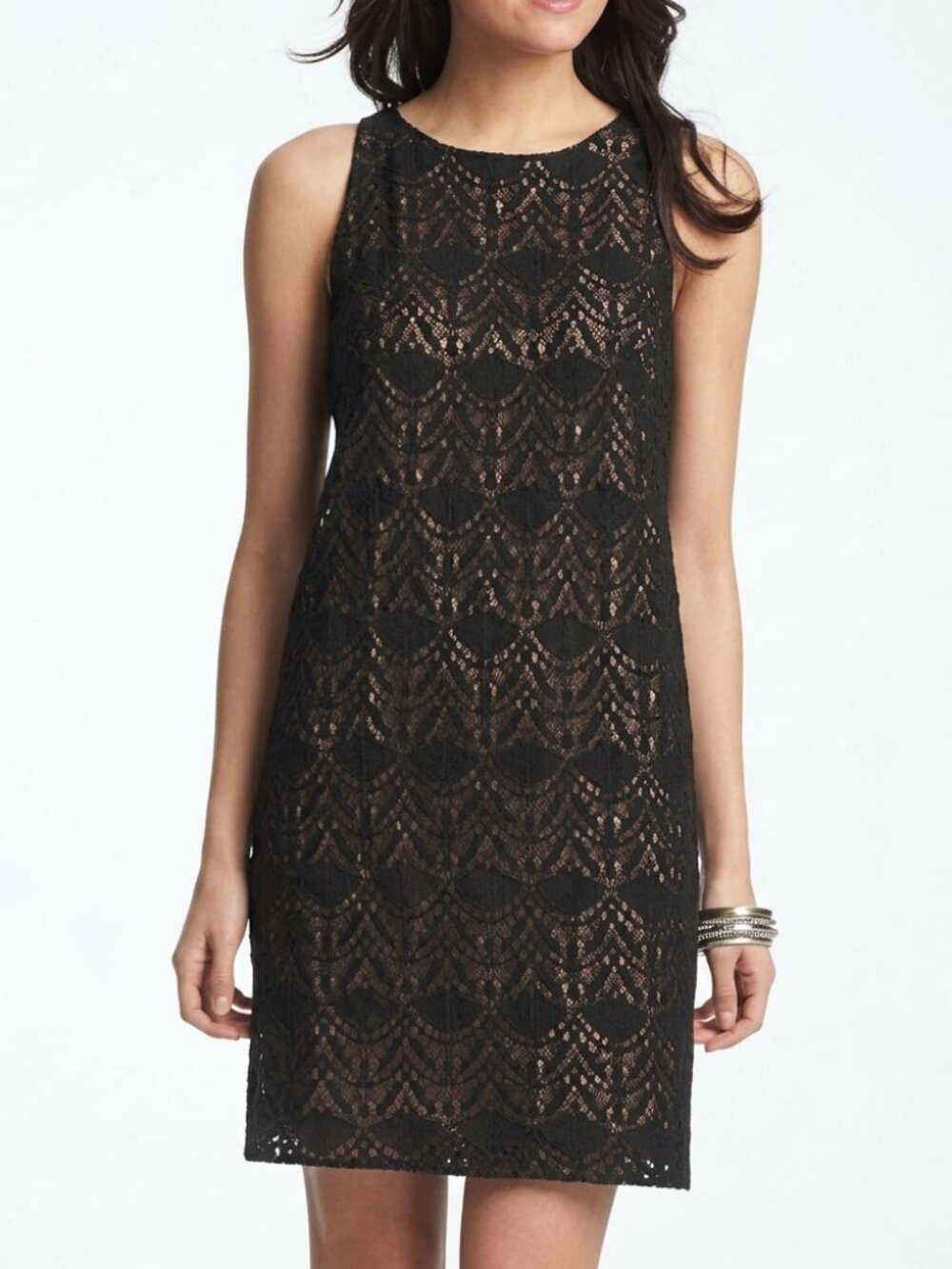 ANN TAYLOR LOFT Black Beige Crochet Sleeveless Tie Bow Back Cotton Shift Dress 6